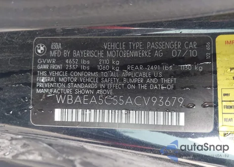 2010 BMW 650I из США, поврежденный, VIN WBAEA5C55ACV93679